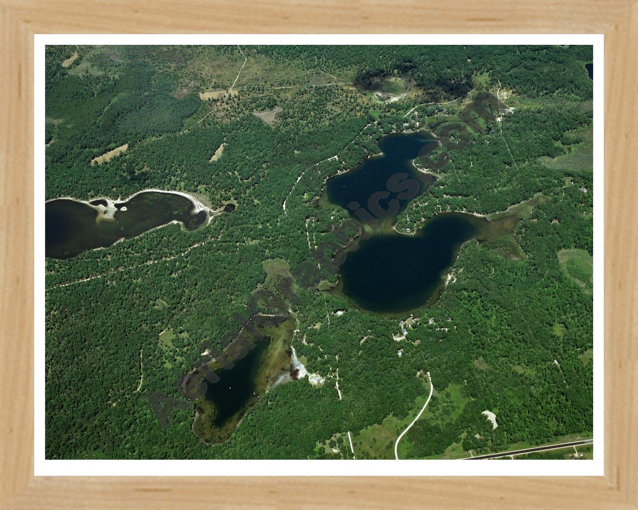 Aerial image of [3220] Crooked Lake & Meyer Lake in Alcona, MI with Natural Wood frame