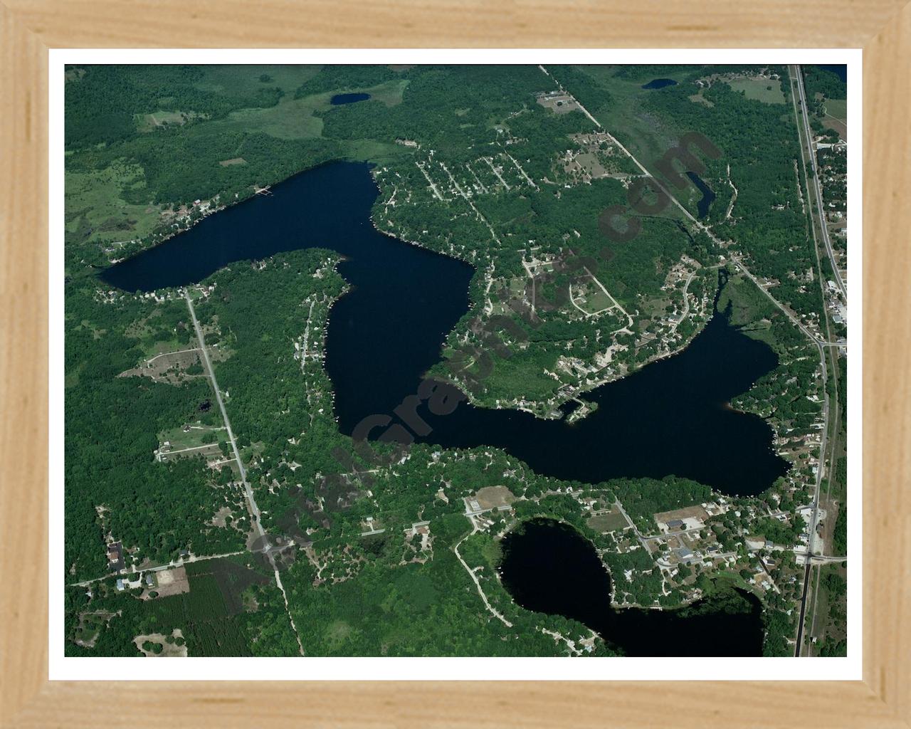 Aerial image of [3245] Crooked  Lake in Clare, MI with Natural Wood frame