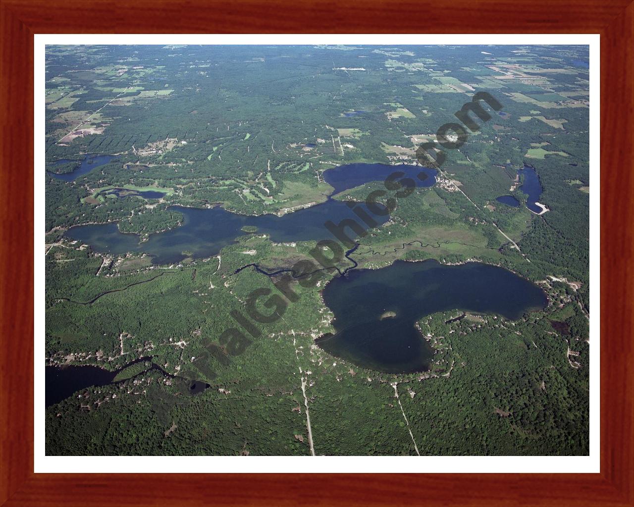 Aerial image of [3261] Lake Mecosta, Round Lake & Blue Lake in Mecosta, MI with Cherry Wood frame