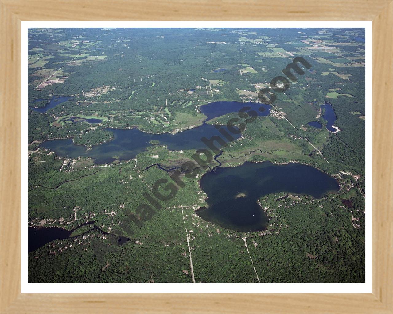 Aerial image of [3261] Lake Mecosta, Round Lake & Blue Lake in Mecosta, MI with Natural Wood frame