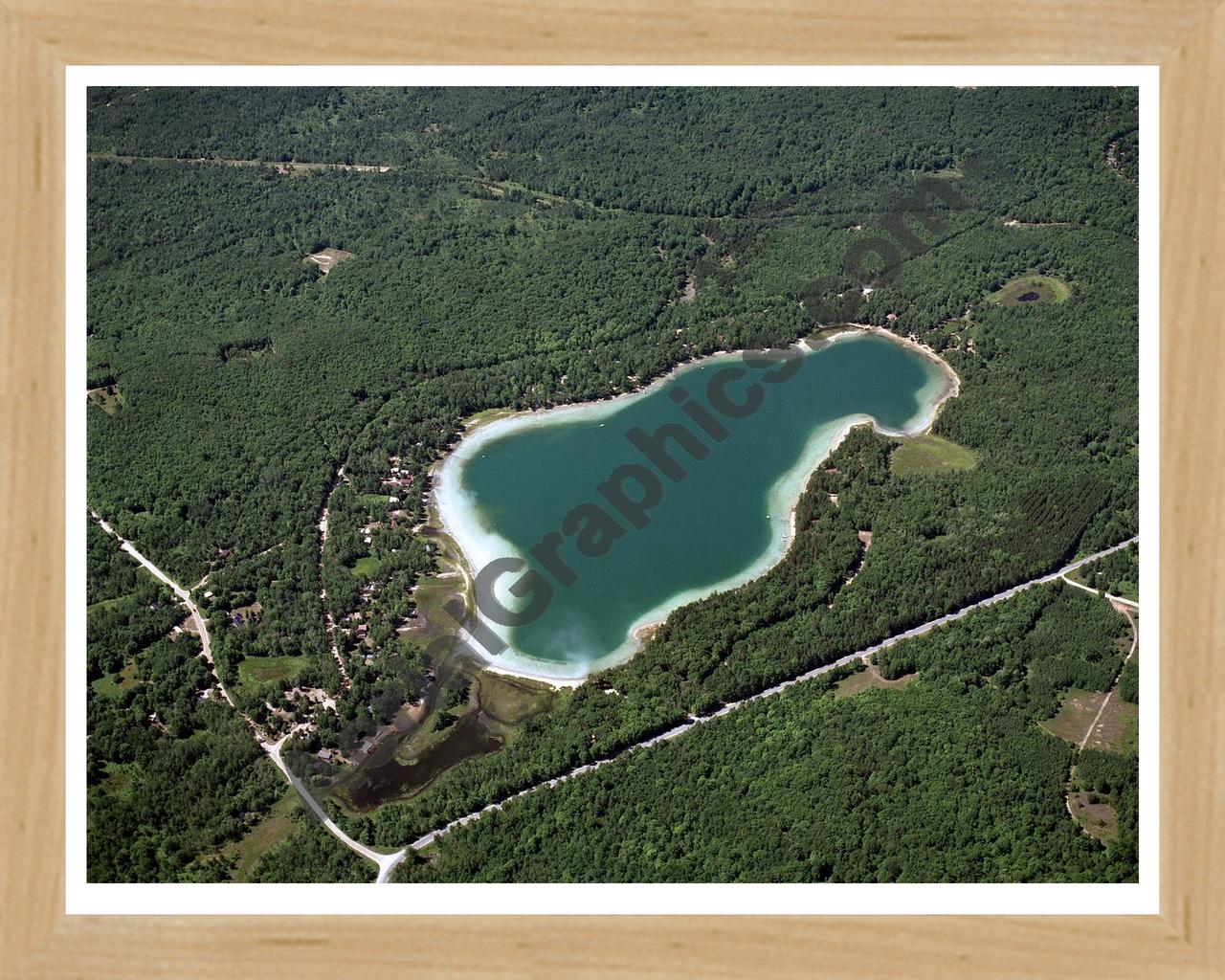 Aerial image of [3266] Pickerel Lake in Kalkaska, MI with Natural Wood frame