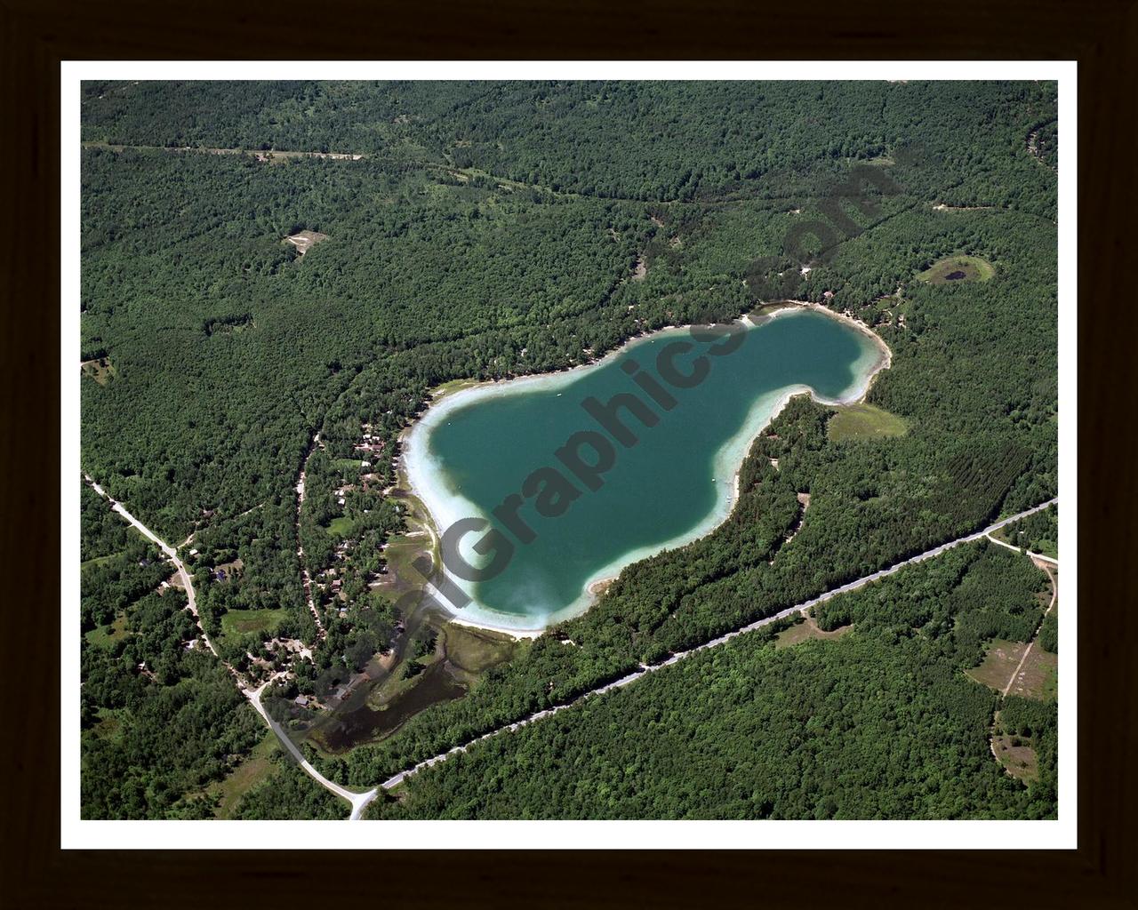 Aerial image of [3266] Pickerel Lake in Kalkaska, MI with Black Wood frame