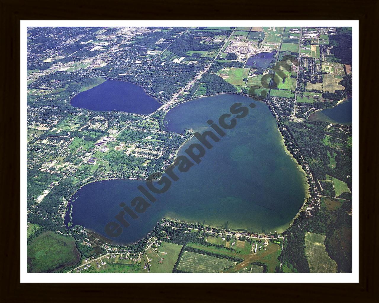 Aerial image of [3271] Austin Lake and West Lake in Kalamazoo, MI with Black Wood frame