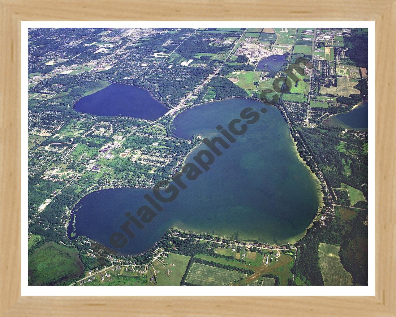 Aerial image of [3271] Austin Lake and West Lake in Kalamazoo, MI with Natural Wood frame