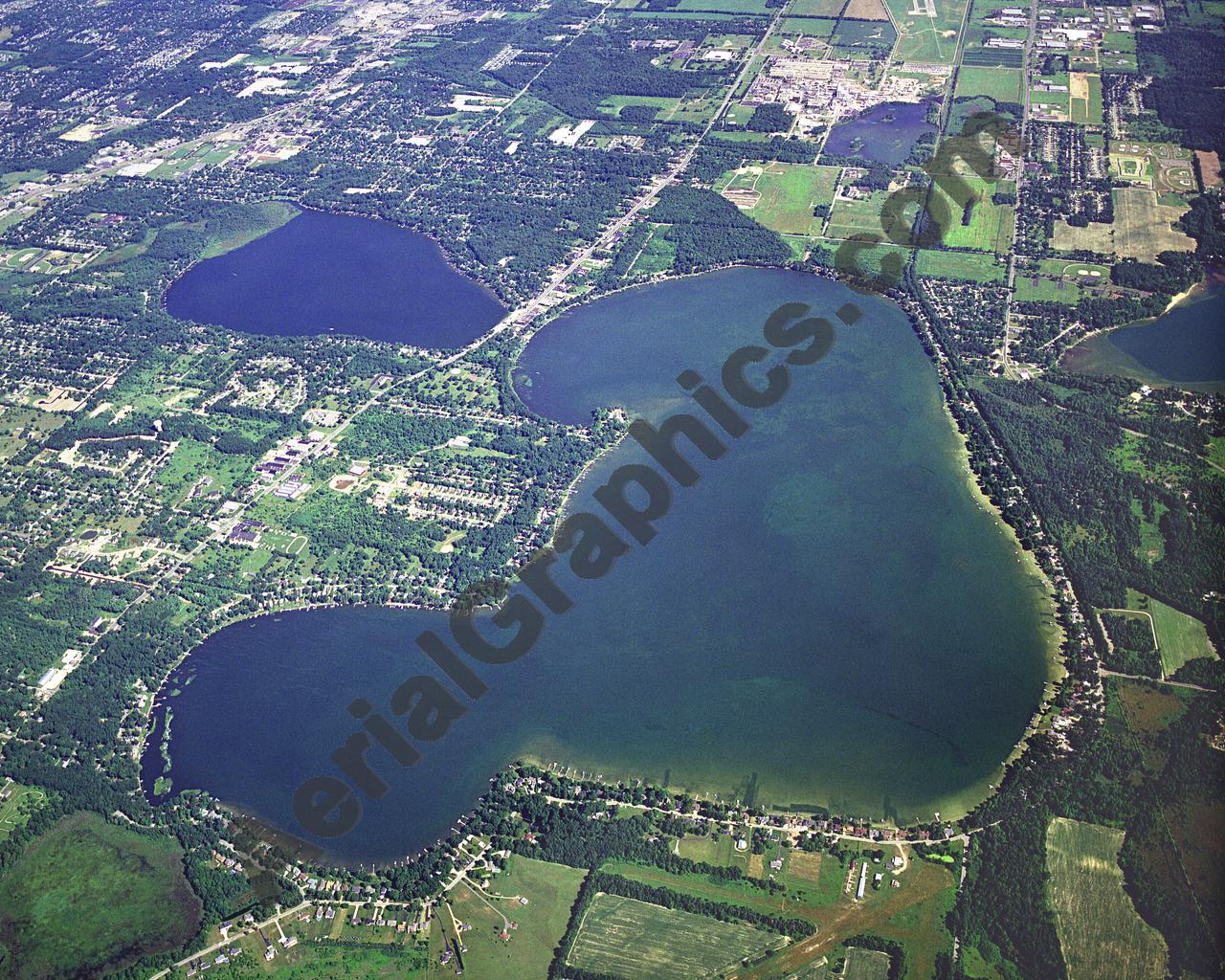 Aerial image of [3271] Austin Lake and West Lake in Kalamazoo, MI with Canvas Wrap frame