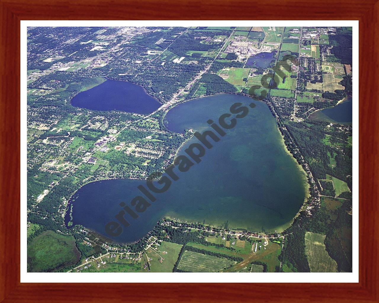 Aerial image of [3271] Austin Lake and West Lake in Kalamazoo, MI with Cherry Wood frame