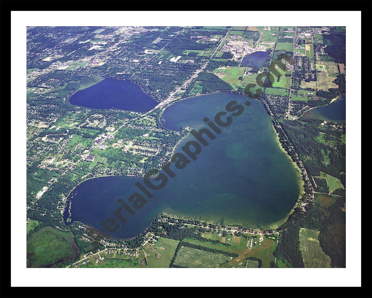 Aerial image of [3271] Austin Lake and West Lake in Kalamazoo, MI with Black Metal frame