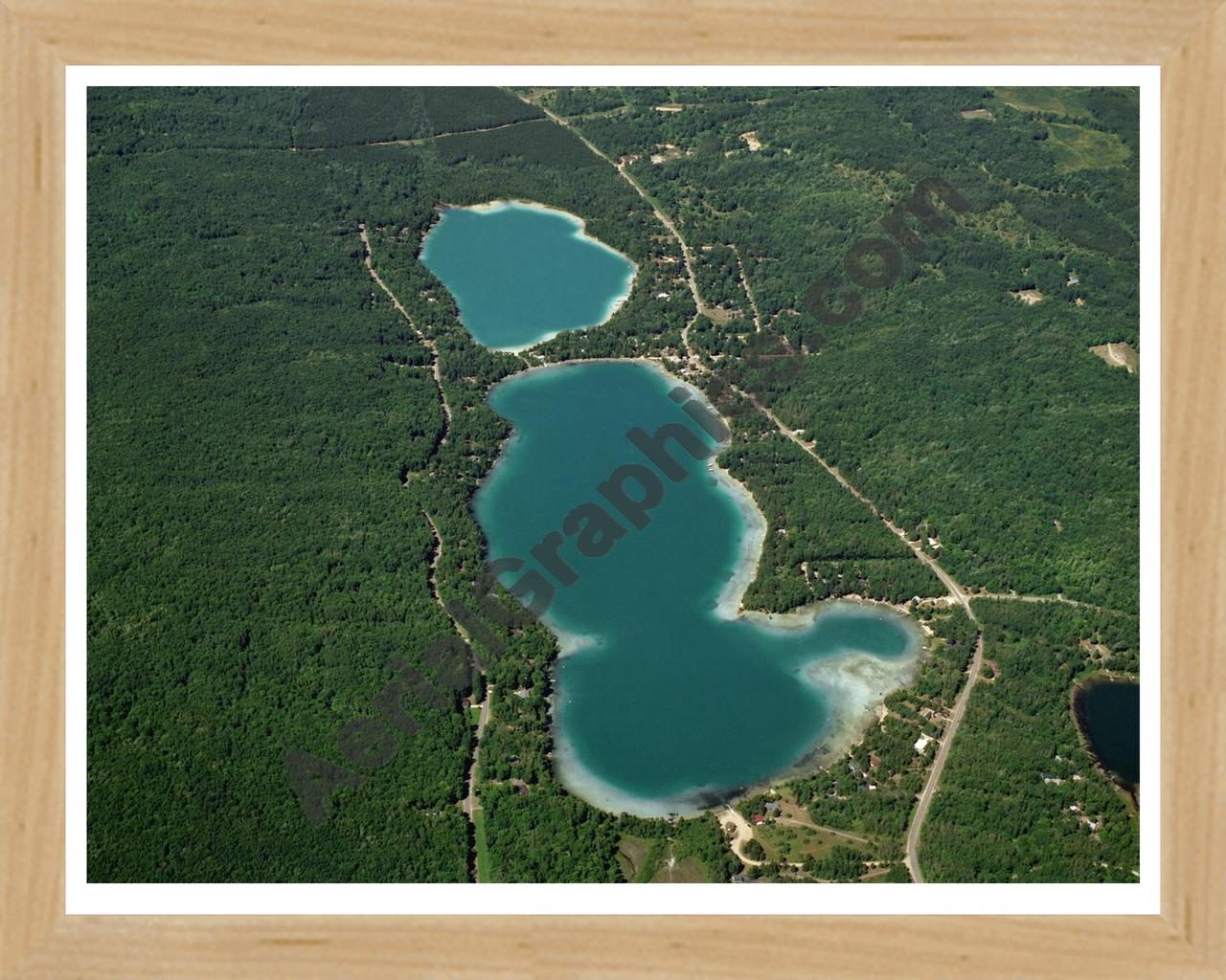 Aerial image of [3277] Blue Lake in Kalkaska, MI with Natural Wood frame