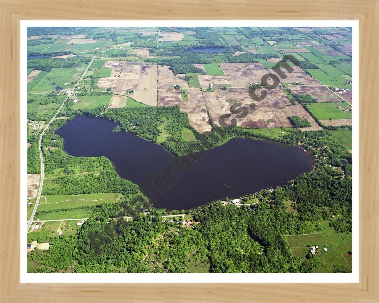 Aerial image of [32] Base Line Lake in Allegan, MI with Natural Wood frame