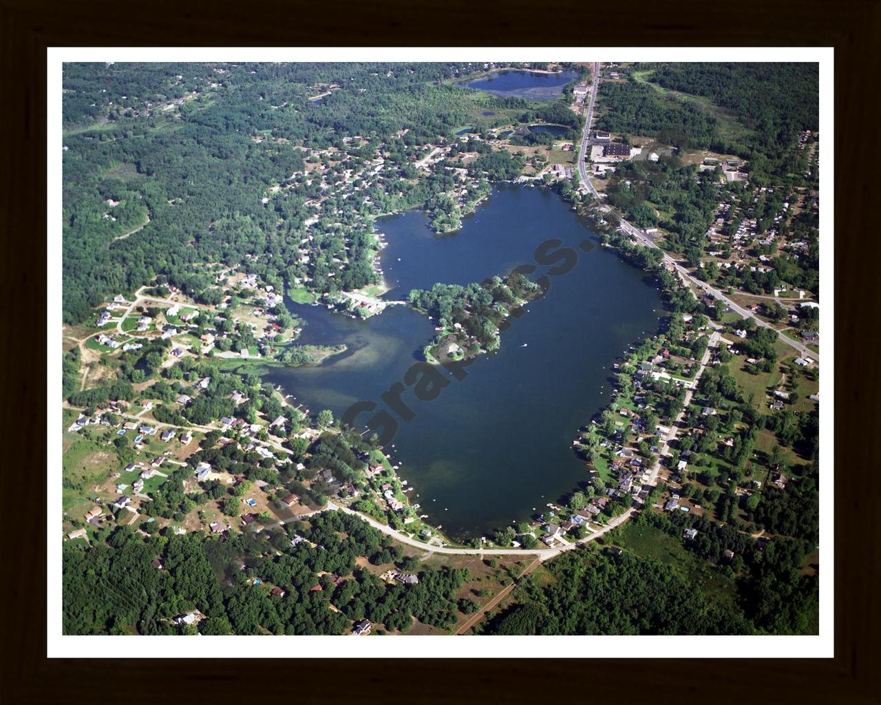 Aerial image of [3321] Bald Eagle Lake in Oakland, MI with Black Wood frame