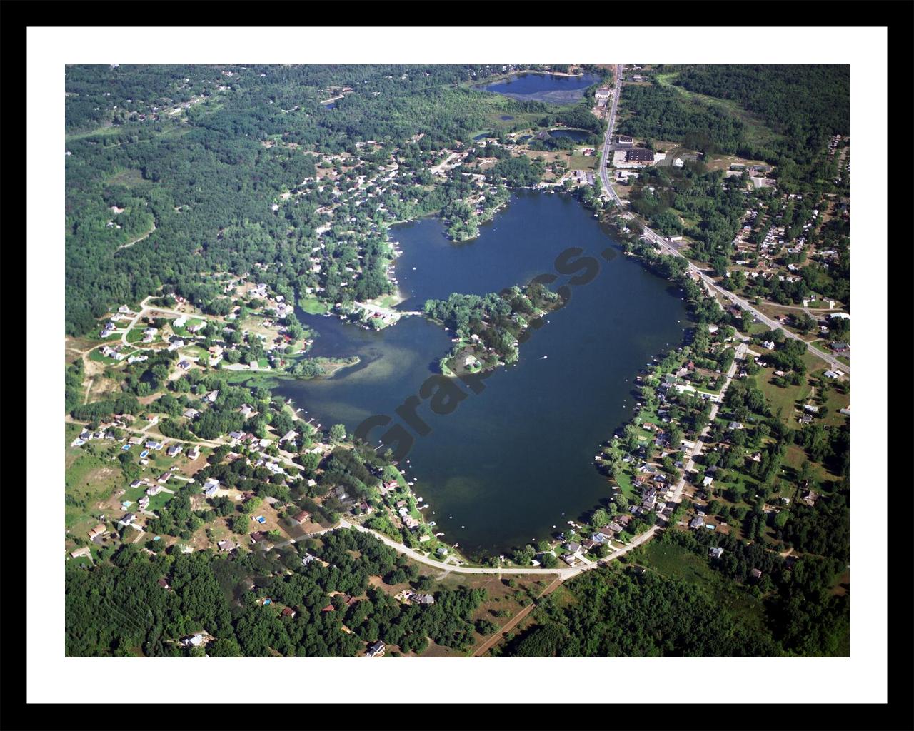 Aerial image of [3321] Bald Eagle Lake in Oakland, MI with Black Metal frame