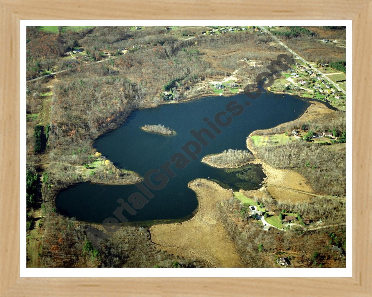 Aerial image of [3396] Freska Lake in Kent, MI with Natural Wood frame