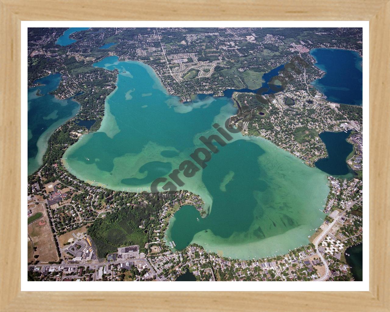 Aerial image of [3559] Cass Lake in Oakland, MI with Natural Wood frame