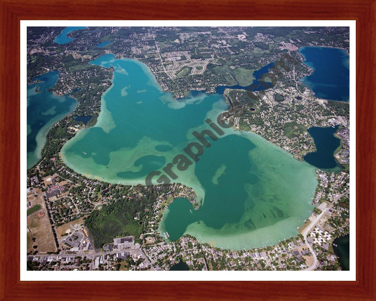 Aerial image of [3559] Cass Lake in Oakland, MI with Cherry Wood frame