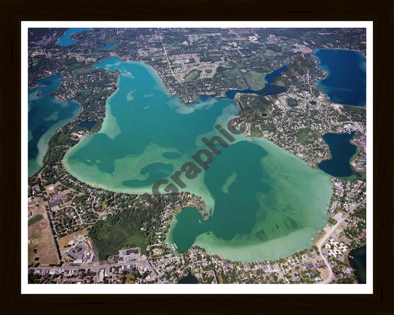 Aerial image of [3559] Cass Lake in Oakland, MI with Black Wood frame