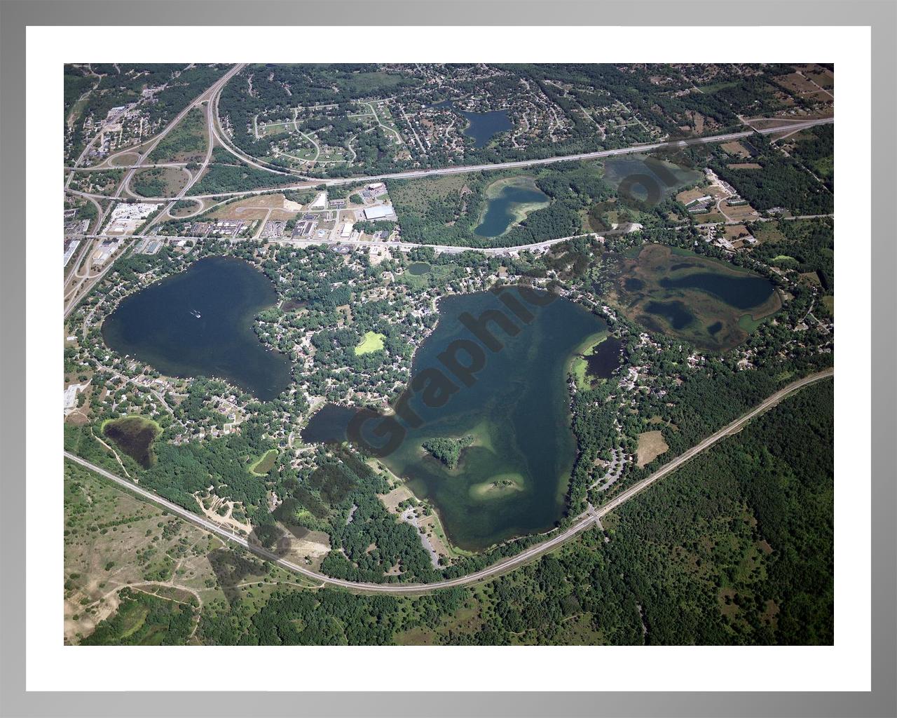 Aerial image of [3566] Fonda Lake, Island Lake & Briggs Lake in Livingston, MI with Silver Metal frame