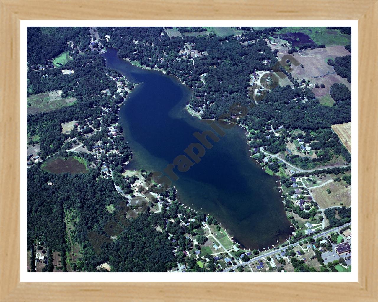 Aerial image of [3580] Saint Marys Lake in Calhoun, MI with Natural Wood frame