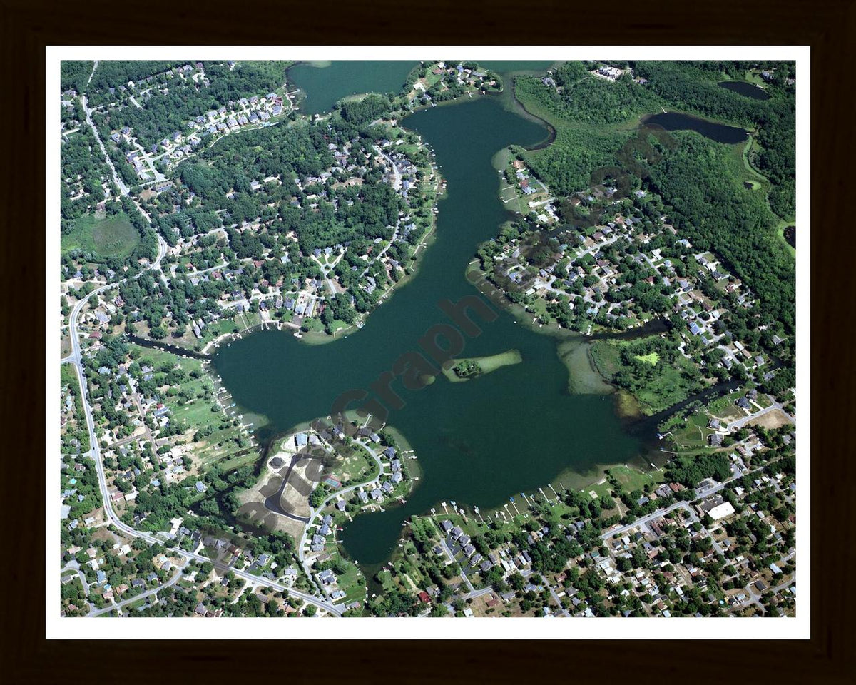 Aerial image of [3592] South Commerce Lake in Oakland, MI with Black Wood frame