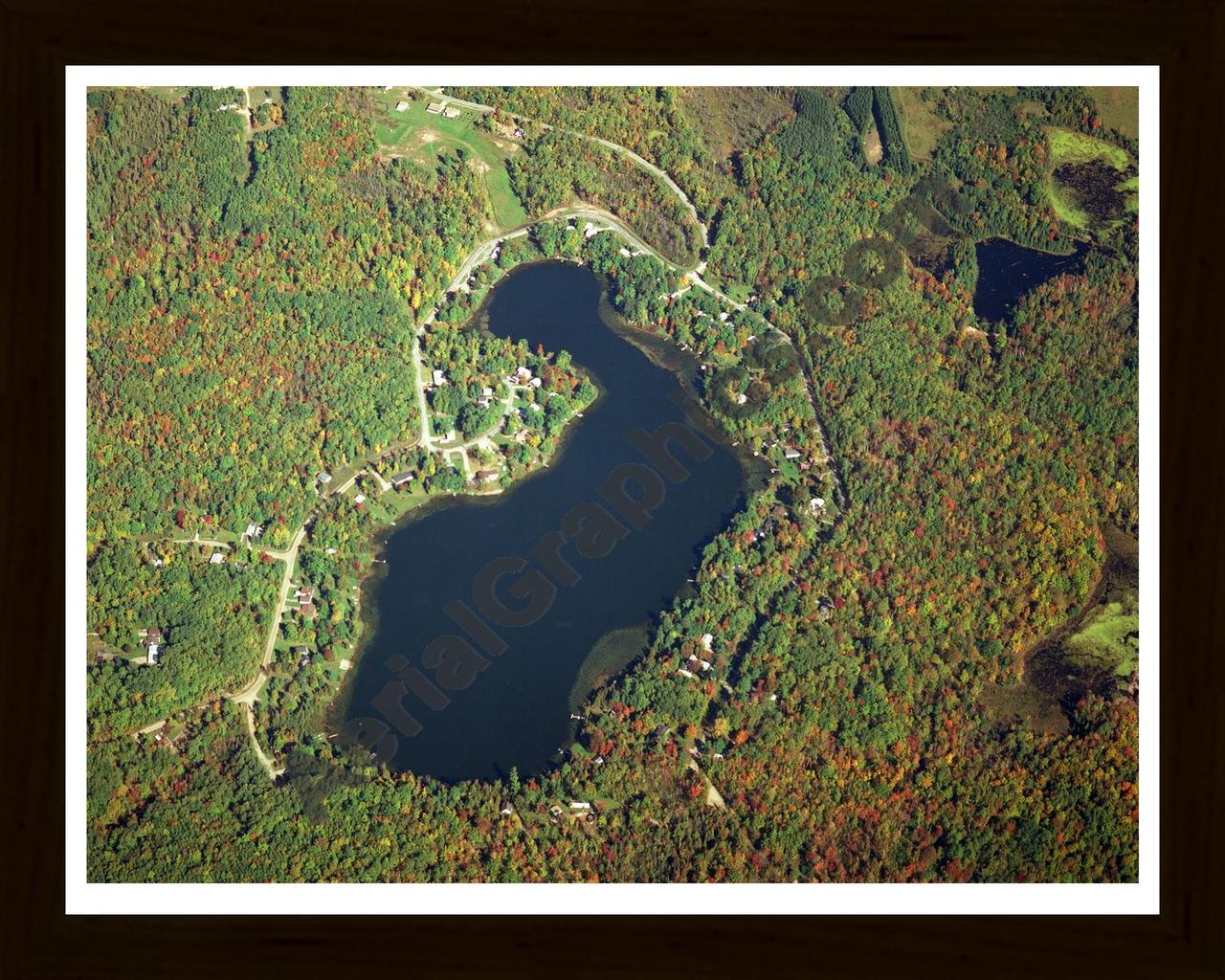 Aerial image of [367] Hunters Lake in Alcona, MI with Black Wood frame