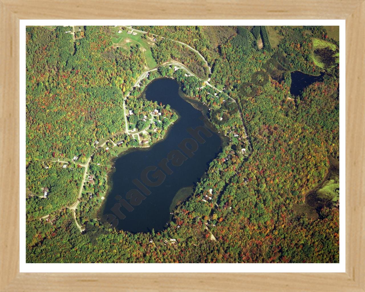 Aerial image of [367] Hunters Lake in Alcona, MI with Natural Wood frame