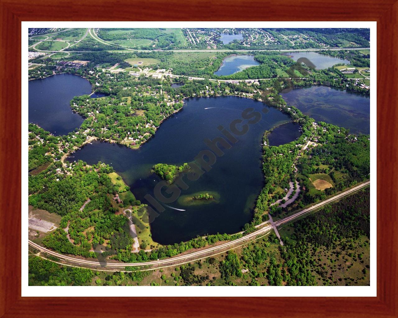 Aerial image of [384] Island Lake in Livingston, MI with Cherry Wood frame