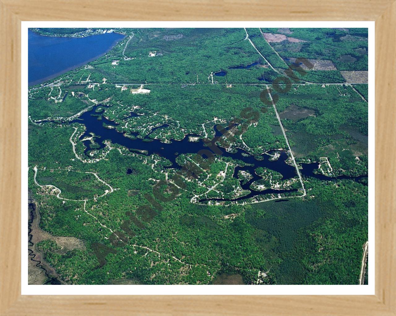 Aerial image of [386] James Lake in Roscommon, MI with Natural Wood frame