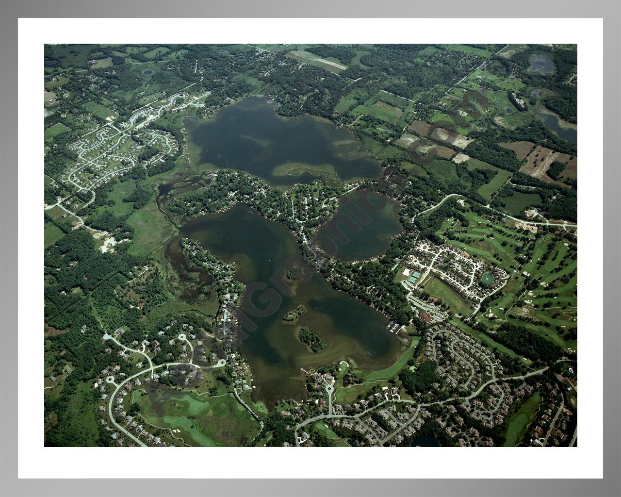 Aerial image of [3877] East & West Crooked Lakes & Clifford Lake in Livingston, MI with Silver Metal frame