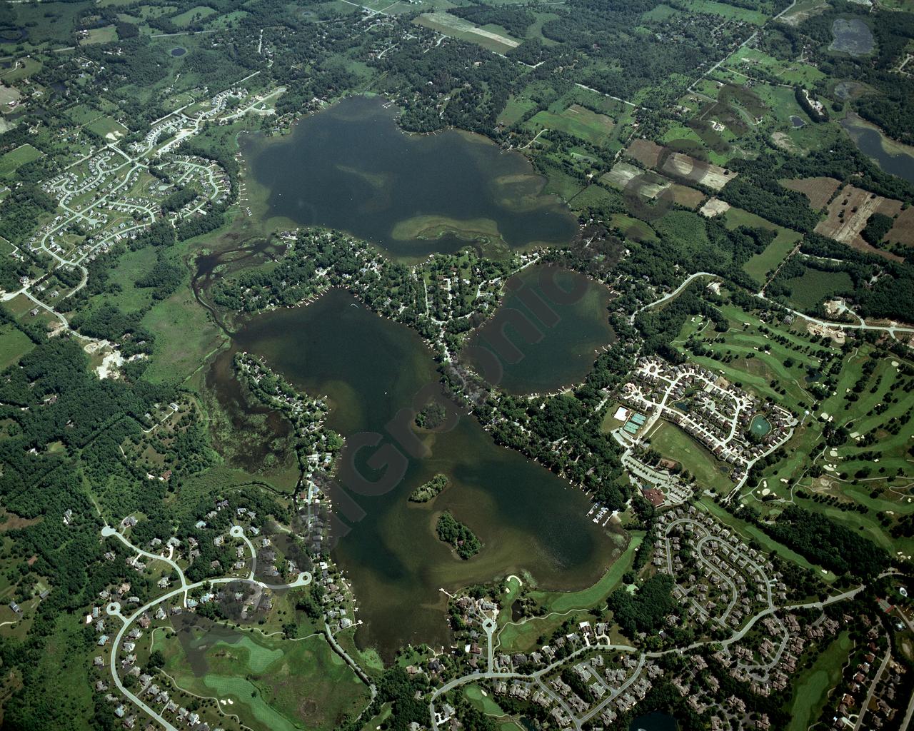 Aerial image of [3877] East & West Crooked Lakes & Clifford Lake in Livingston, MI with Canvas Wrap frame