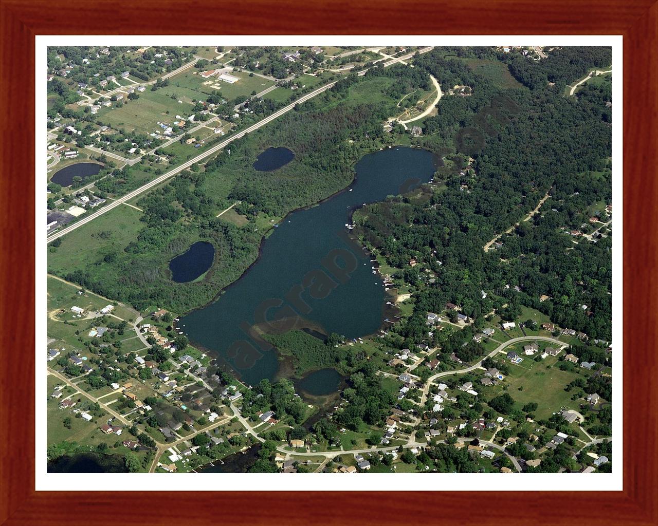 Aerial image of [3893] Upper Pettibone Lake in Oakland, MI with Cherry Wood frame