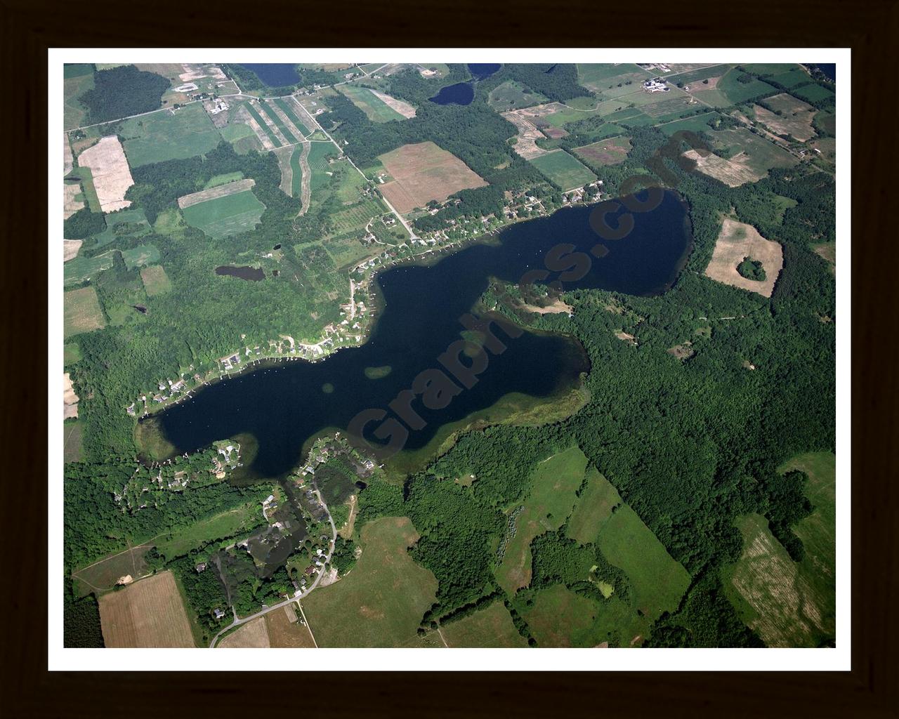 Aerial image of [3908] Ryerson Lake in Newaygo, MI with Black Wood frame