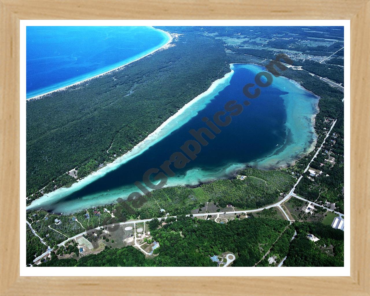 Aerial image of [3931] Little Traverse Lake in Leelanau, MI with Natural Wood frame