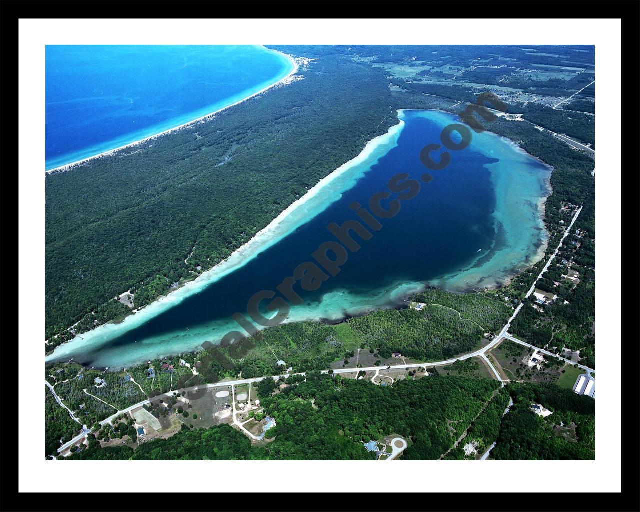 Aerial image of [3931] Little Traverse Lake in Leelanau, MI with Black Metal frame