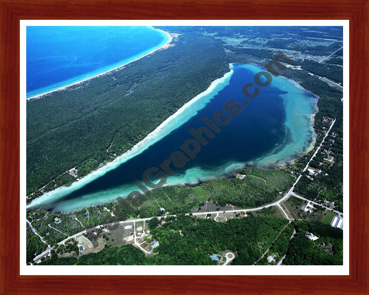 Aerial image of [3931] Little Traverse Lake in Leelanau, MI with Cherry Wood frame