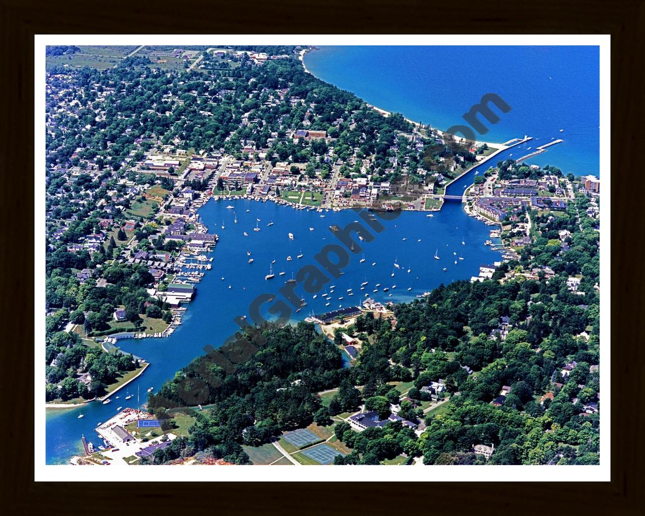 Aerial image of [3946] Round Lake Charlevoix in Charlevoix, MI with Black Wood frame