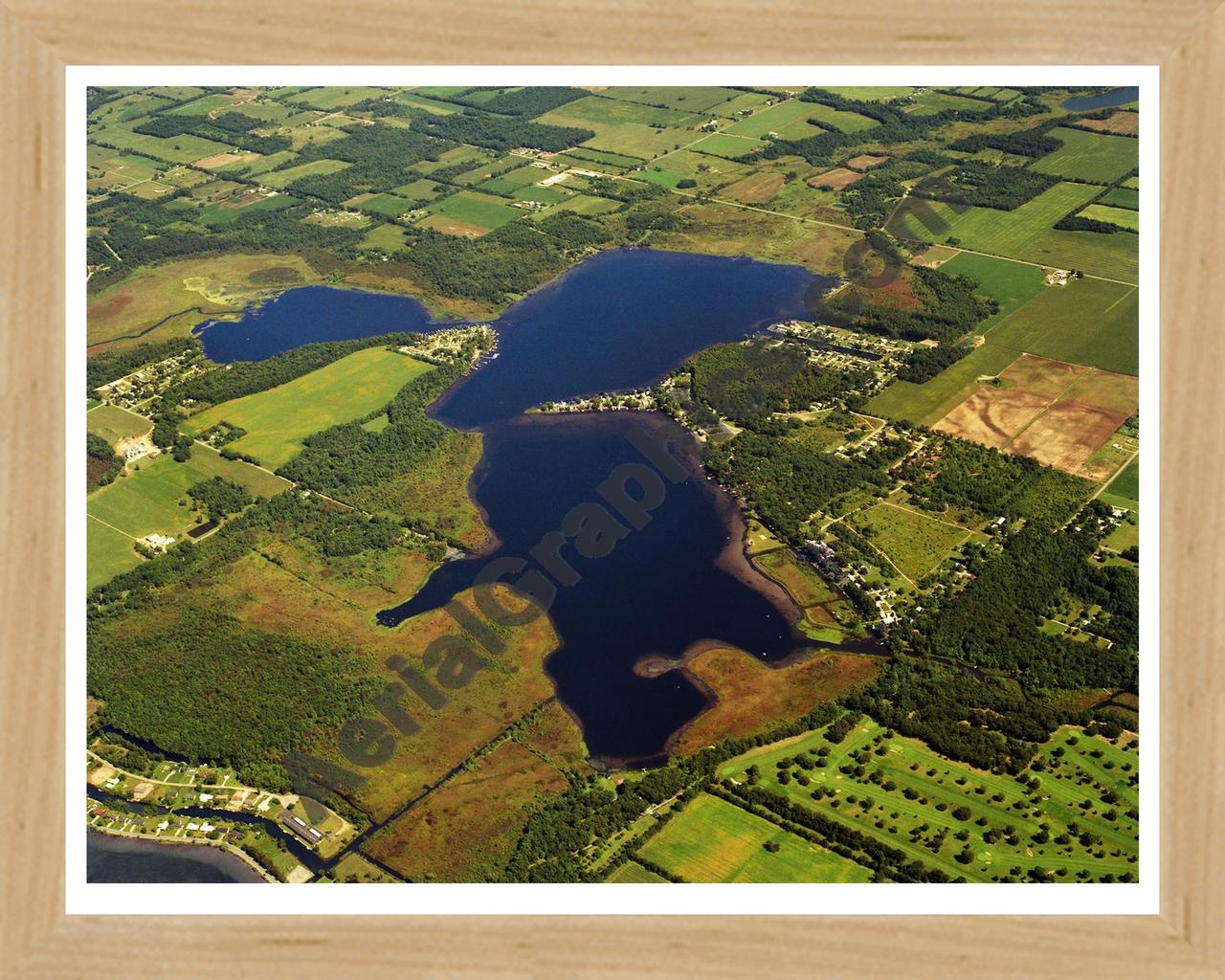 Aerial image of [394] Juno Lake in Cass, MI with Natural Wood frame