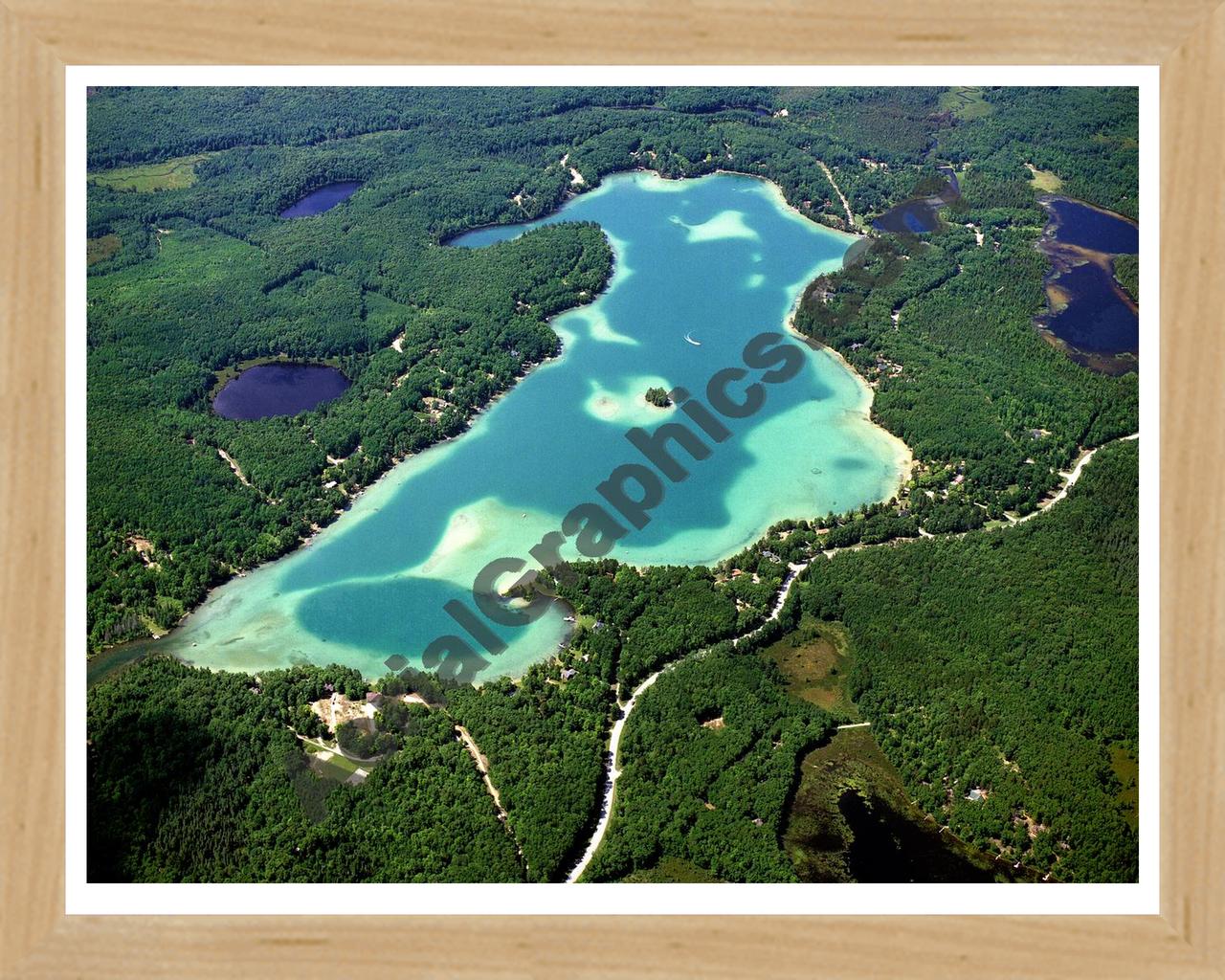 Aerial image of [3965] Long Lake in Montmorency, MI with Natural Wood frame