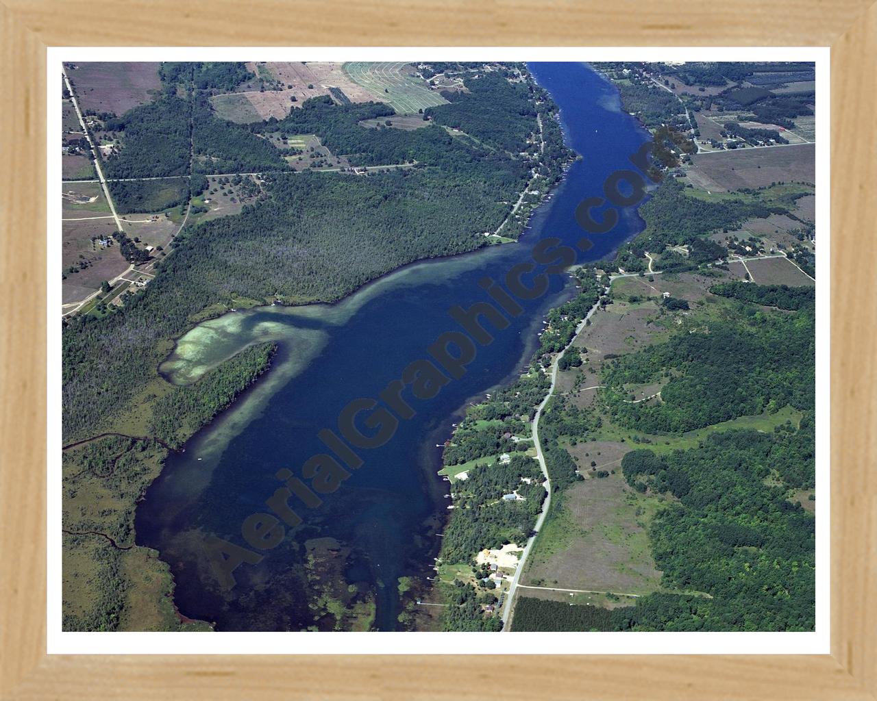 Aerial image of [4009] Clam Lake in Antrim, MI with Natural Wood frame