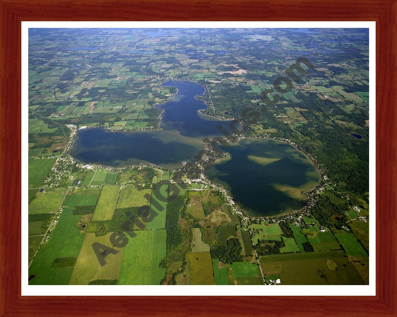 Aerial image of [4016] Devils & Round Lake in Lenawee, MI with Cherry Wood frame