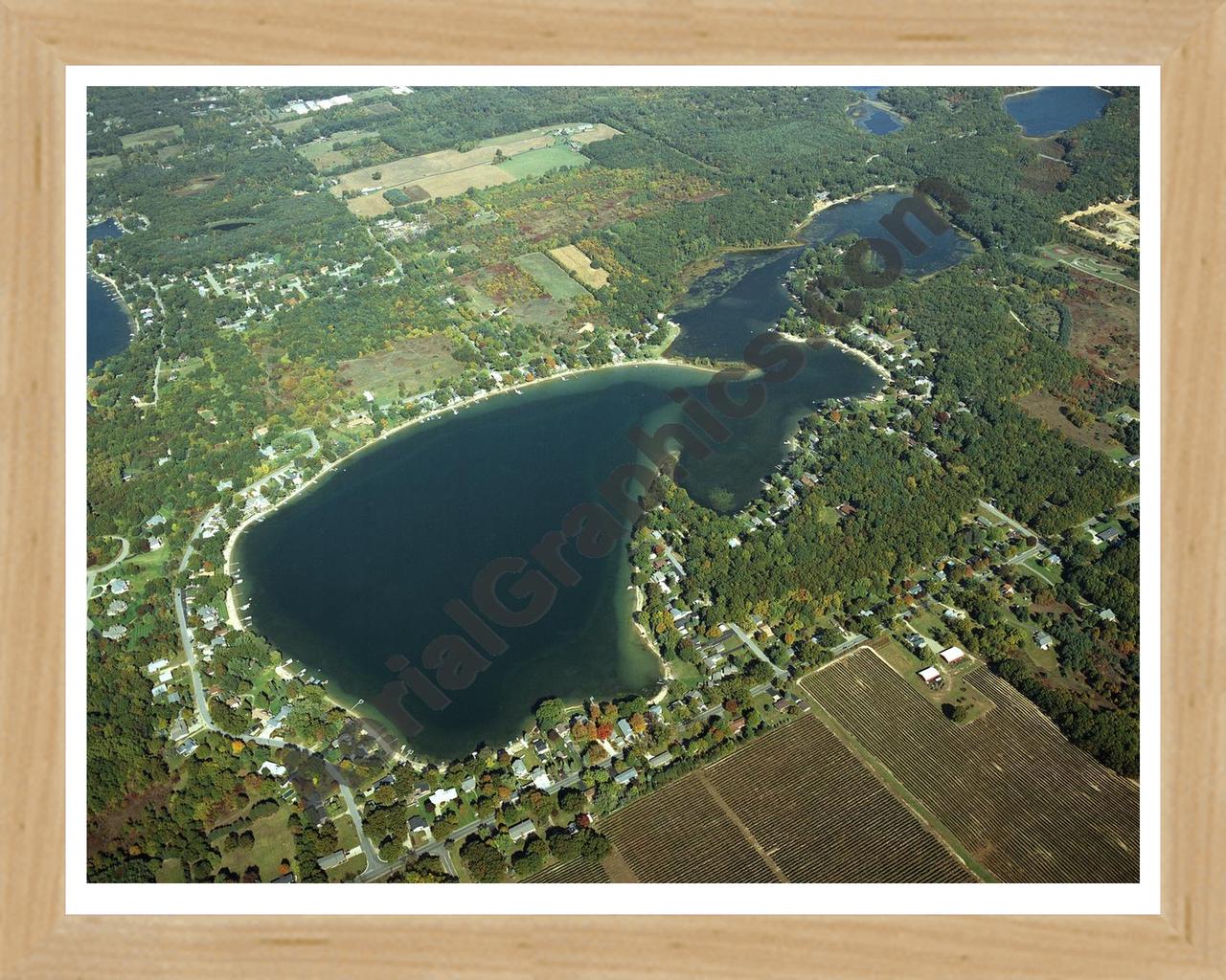 Aerial image of [4029] Crooked  Lake in Kalamazoo, MI with Natural Wood frame