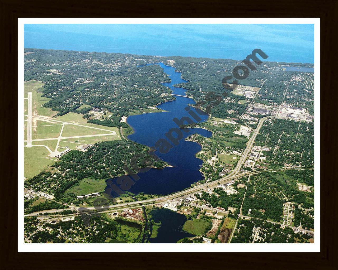 Aerial image of [4227] Mona Lake in Muskegon, MI with Black Wood frame