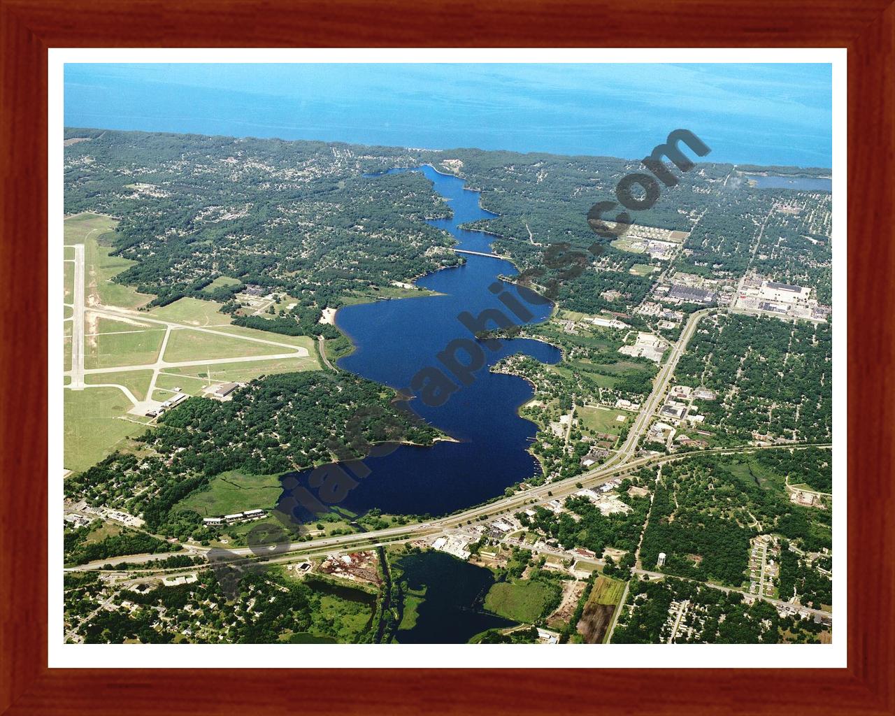 Aerial image of [4227] Mona Lake in Muskegon, MI with Cherry Wood frame