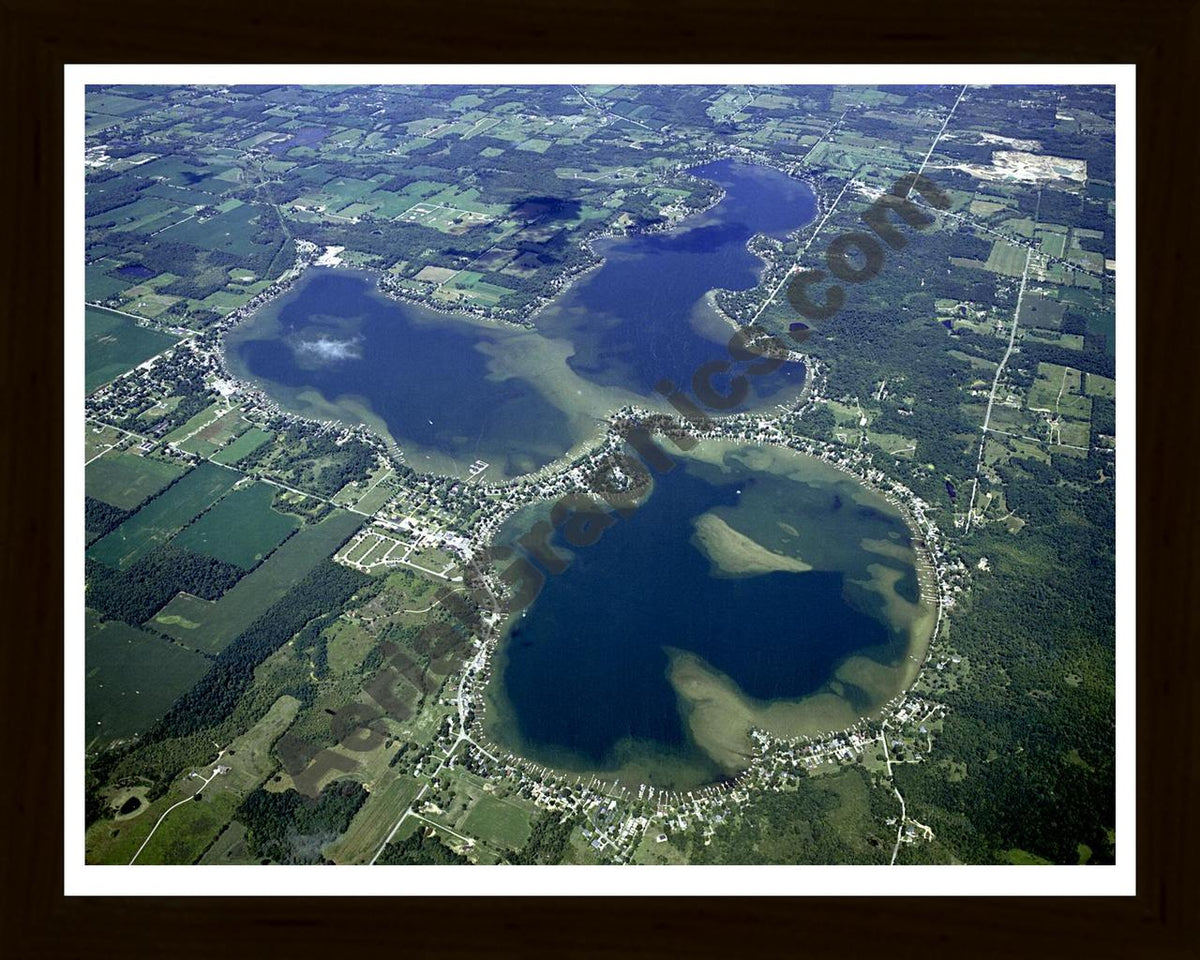 Aerial image of [4235] Devils Lake & Round Lake in Lenawee, MI with Black Wood frame
