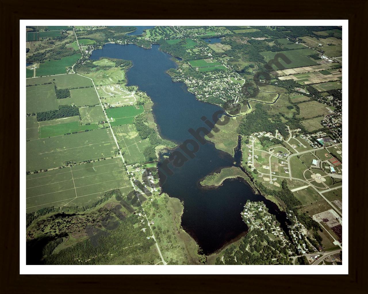 Aerial image of [4266] Randall, North & Cemetery Lakes in Branch, MI with Black Wood frame