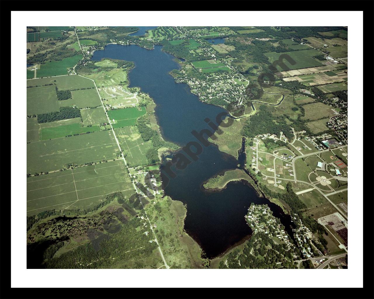 Aerial image of [4266] Randall, North & Cemetery Lakes in Branch, MI with Black Metal frame