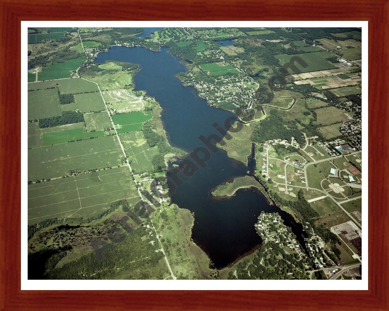 Aerial image of [4266] Randall, North & Cemetery Lakes in Branch, MI with Cherry Wood frame