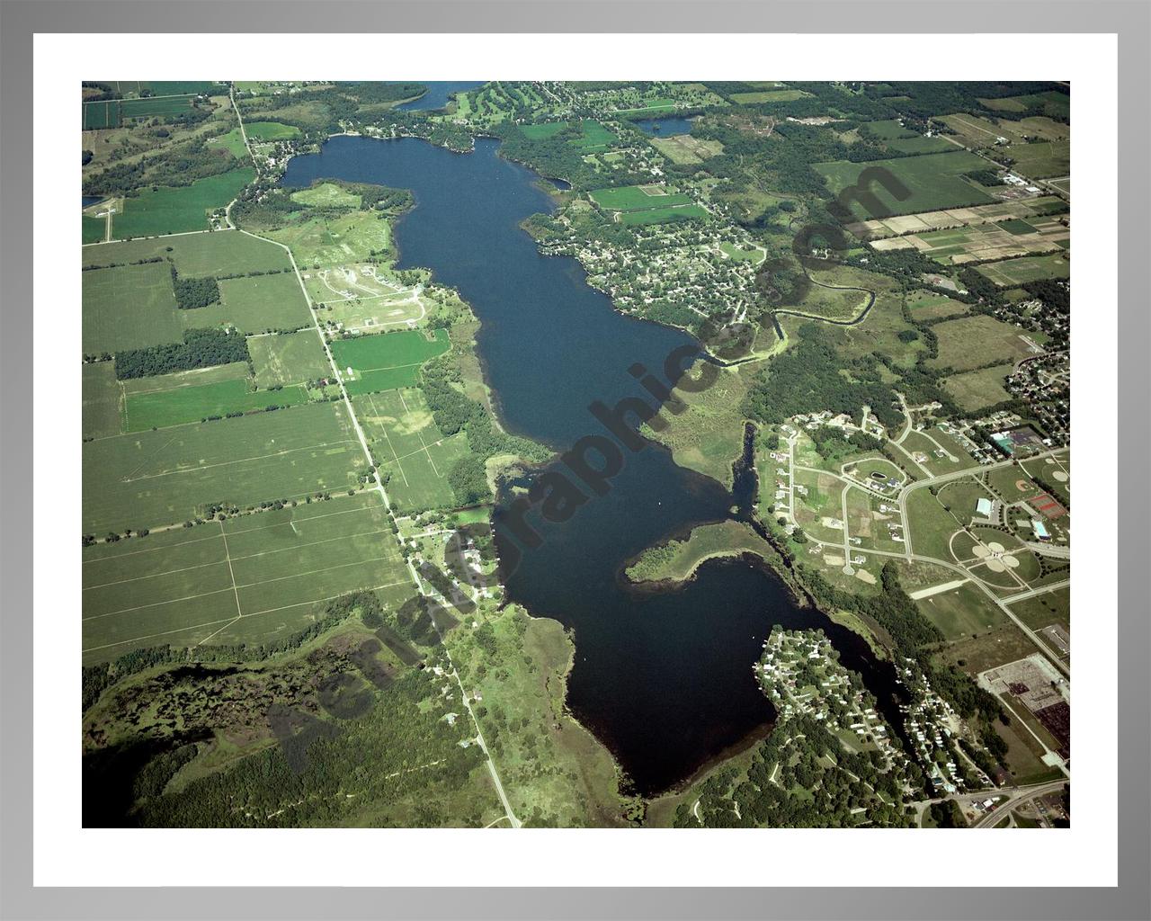 Aerial image of [4266] Randall, North & Cemetery Lakes in Branch, MI with Silver Metal frame