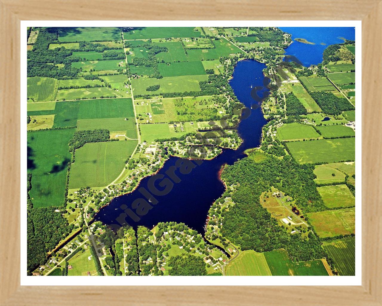 Aerial image of [4267] Middle, Archer, & Bartholomew Lake in Branch, MI with Natural Wood frame