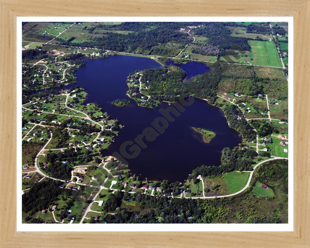 Aerial image of [4277] Lake Victoria in Clinton, MI with Natural Wood frame