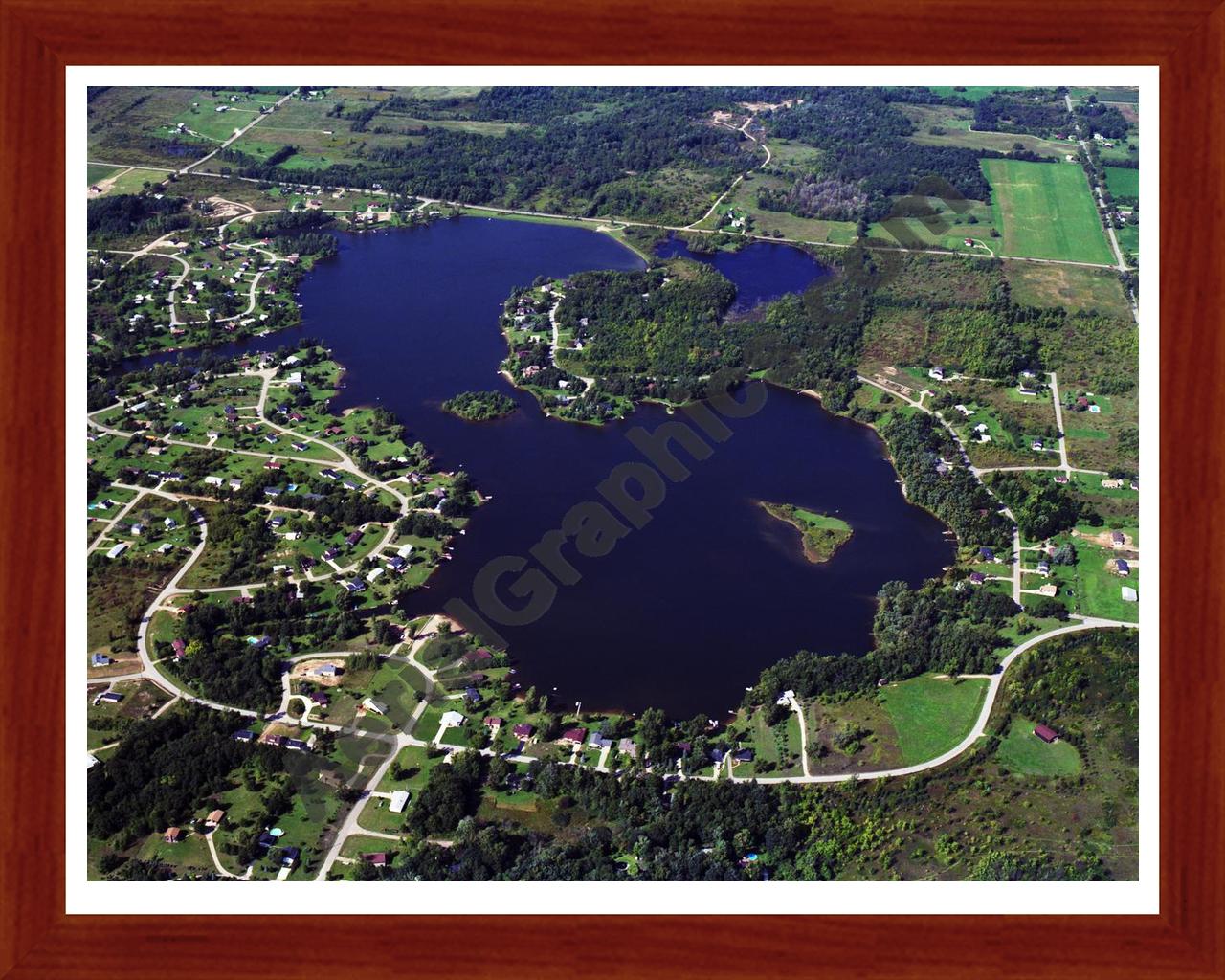 Aerial image of [4277] Lake Victoria in Clinton, MI with Cherry Wood frame