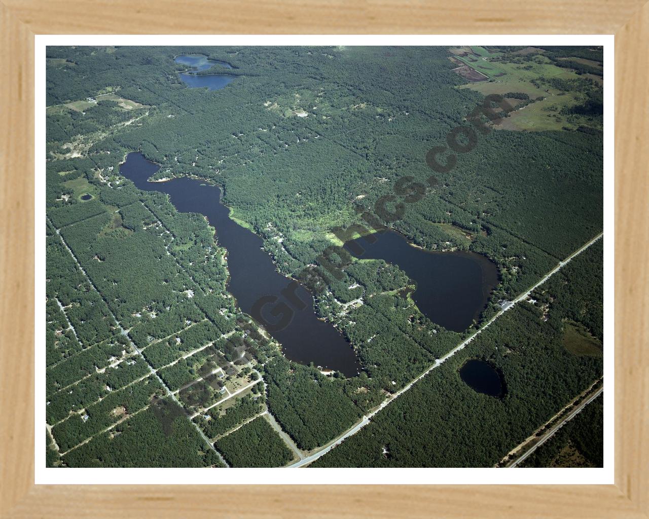 Aerial image of [4287] Long Lake & Emerson Lake in Mason, MI with Natural Wood frame